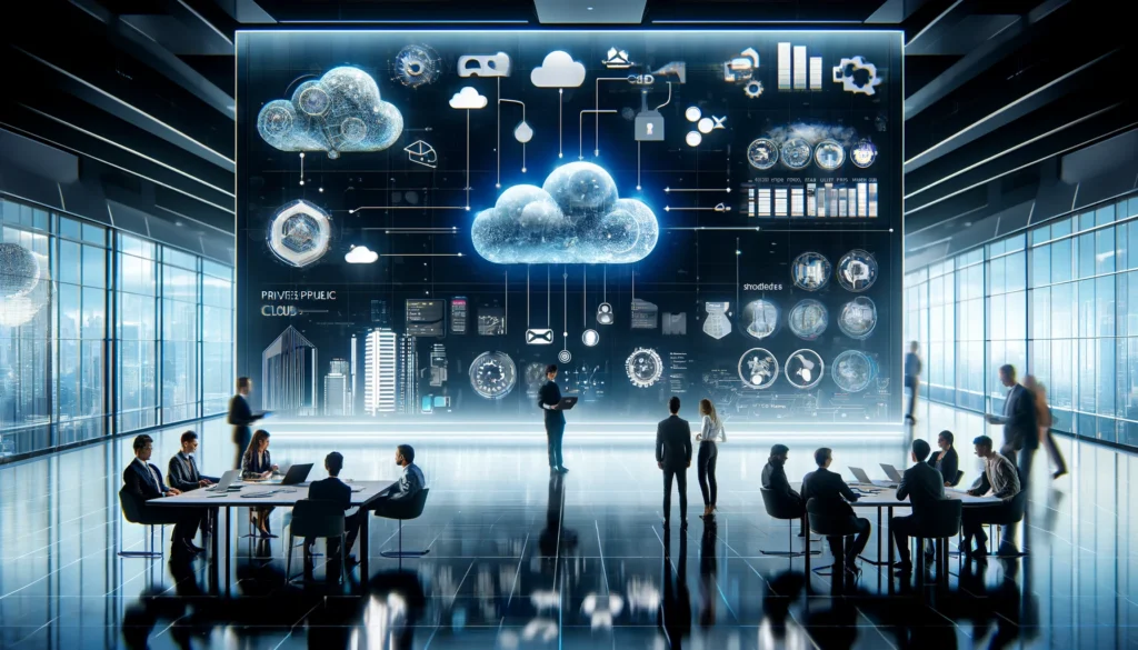 multicloud-A-modern-business-team-in-a-futuristic-office-setting-collaboratively-working-on-a-large-interactive-digital-screen-displaying-cloud-infrastructure