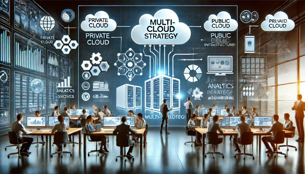 multicloud A professional and modern illustration showcasing a multi-cloud strategy for businesses. The image includes visual representations of private and publ