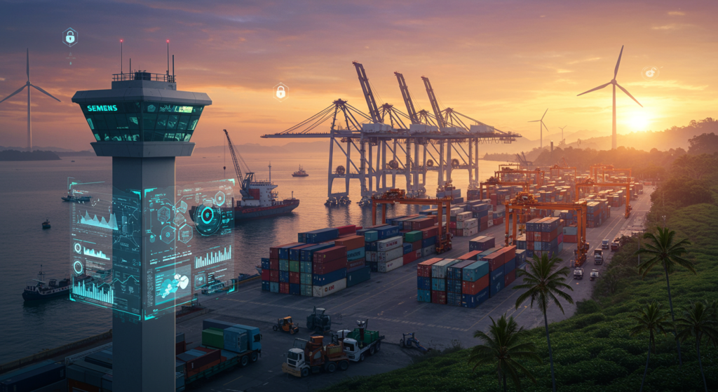 Futuristic Export Port Panorama, futuristic tech with Sri Lanka’s natural beauty