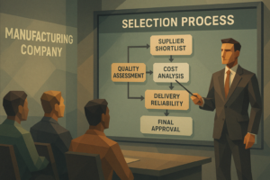 low poly style image of Manufacturing Company presentation where one person showcase the; selection process flowchart showing evaluation criteria