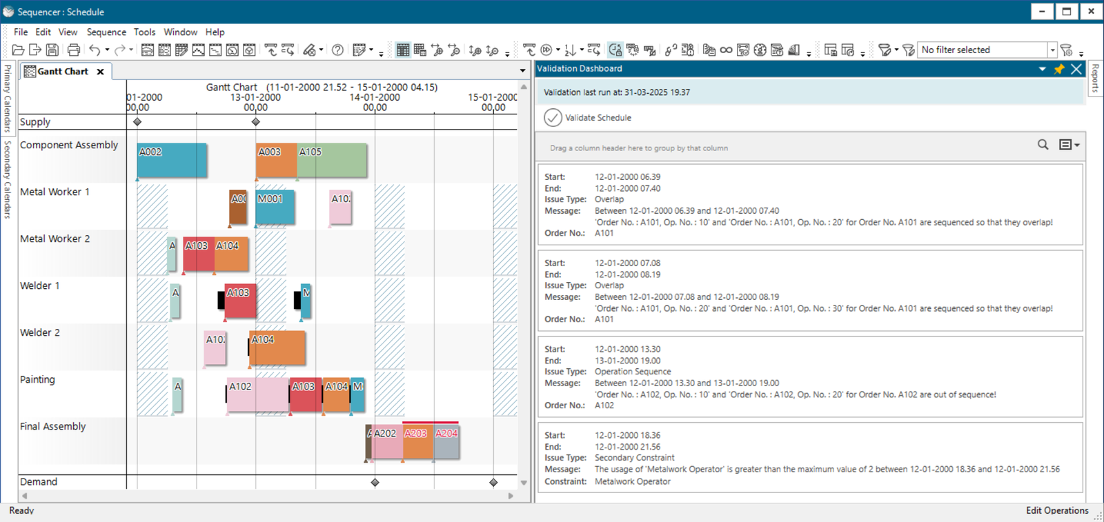 Opcenter APS 2504 Validation Dashboard Screenshot